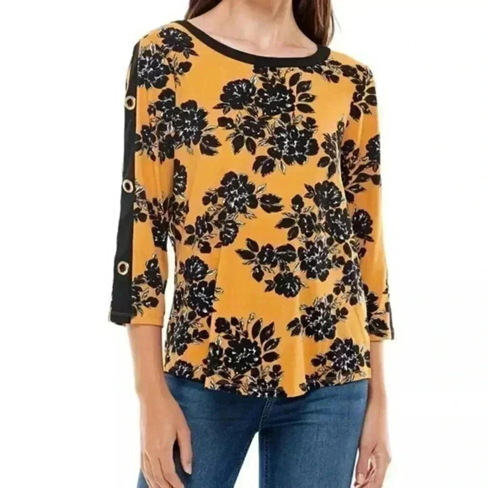ADRIENNE VITTADINI Women's 3/4 Sleeve Yellow Black Top with Grommets Size XL